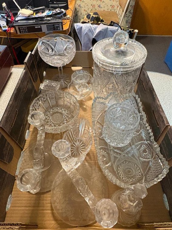 Antique Cut to Clear Cut Glass Serving Pieces, Including Cracker Jar w/ Lid