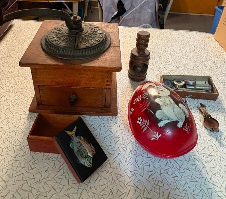 Early Coffee Grinder, Hand Painted Egg, Butter Press, Pill Box