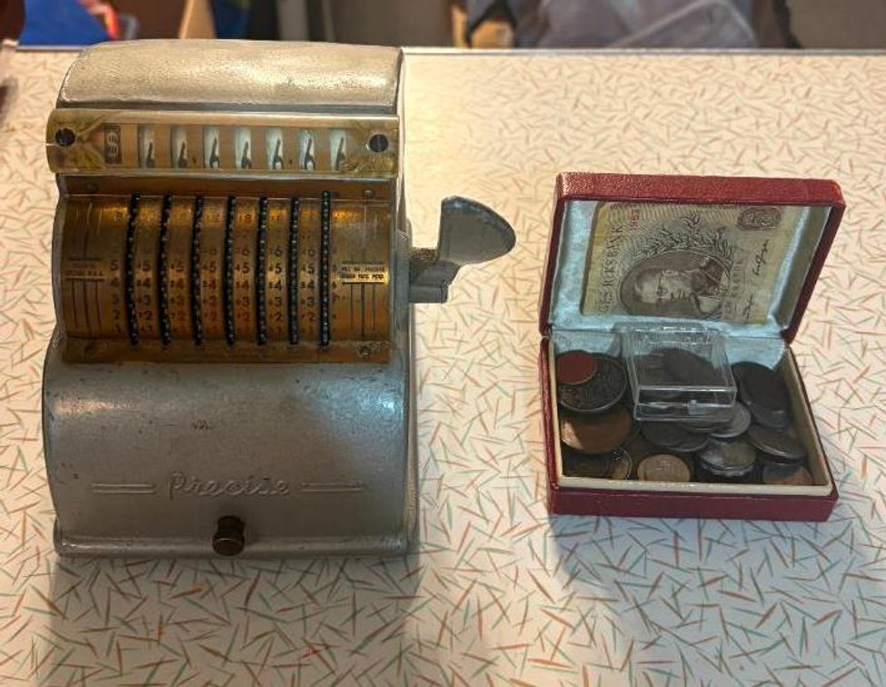 Vintage Toy Precise Cash Register and Foreign Coins and Currency