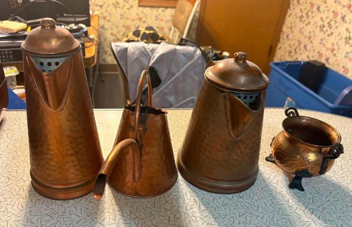 Four Hammered Copper Vintage Coffee & Tea Pots, Watering Can