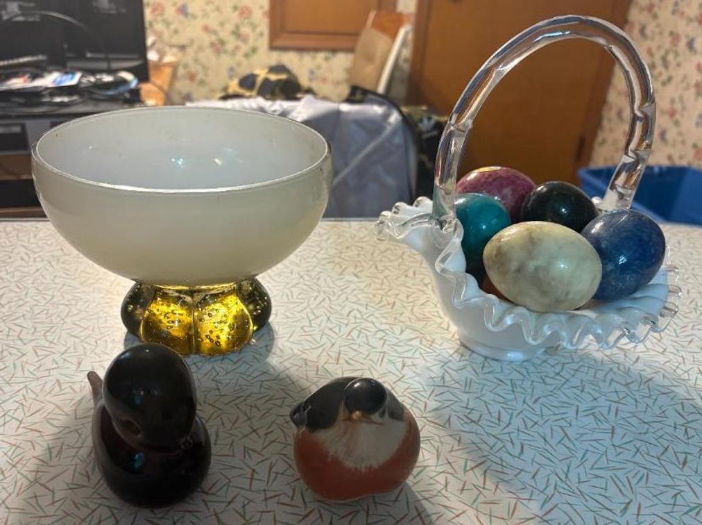 Vintage Glass Decoratives, Brides Basket, Footed Bowl, Birds, Eggs