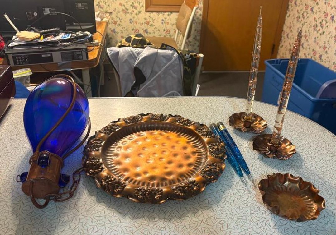 Interesting Cobalt Blue Swag Lamp, Charger, Candles, Tray