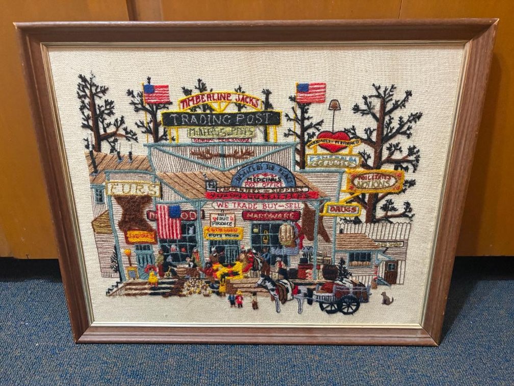 Cross Stitched Sampler Timberline Jacks Trading Post Wall Hanging