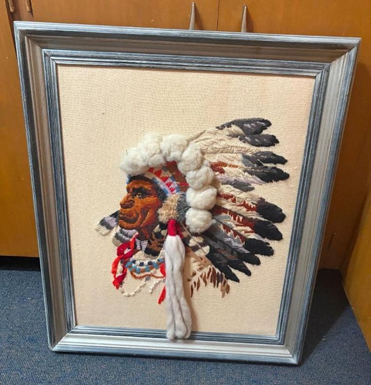 Native American Indian Chief Stitched Wall Hanging Art Framed