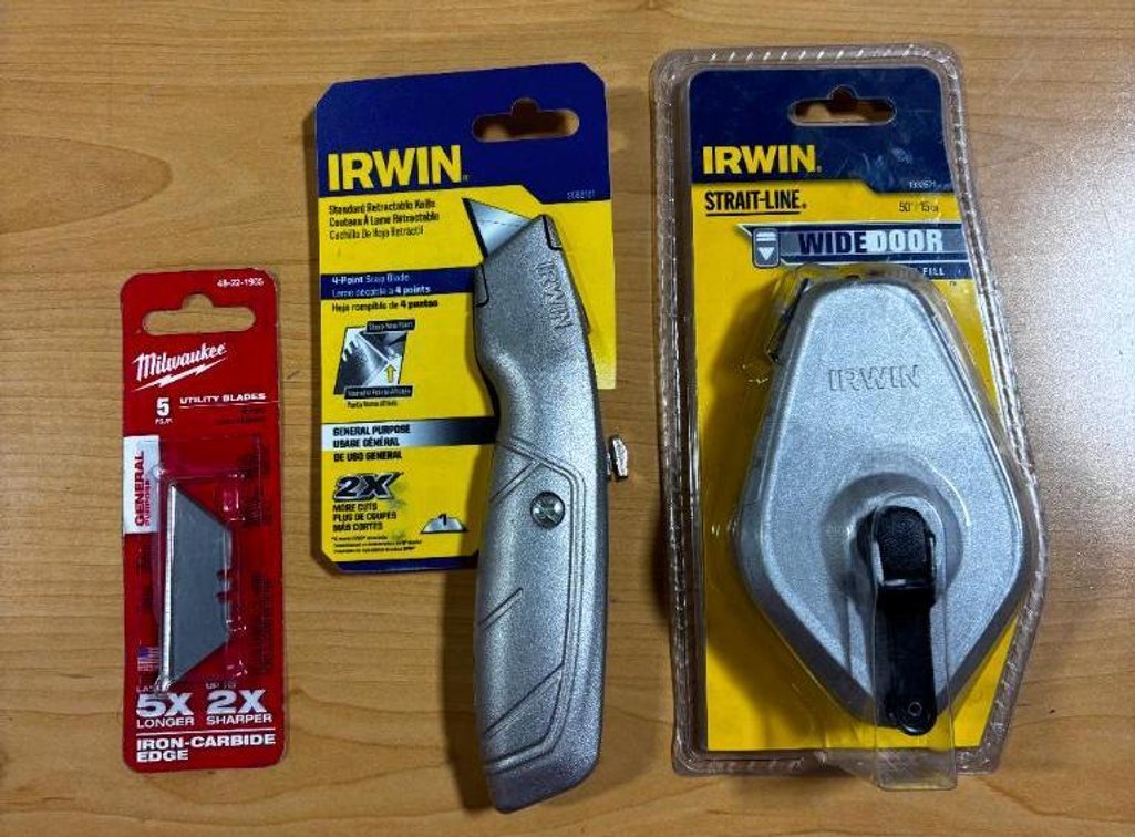Lot of 3, New, Irwin Standard Retractable Blade Knife, (5) Pack Milwaukee Razor Blades, Irwin Strait-Line Chalk Line