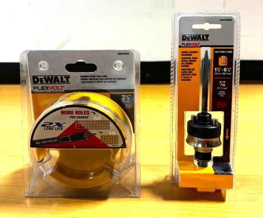 Lot of 2, New, DeWalt FlexVolt Carbide Wood Hole Saw 3-5/8in w/ Quick Change Mandrel