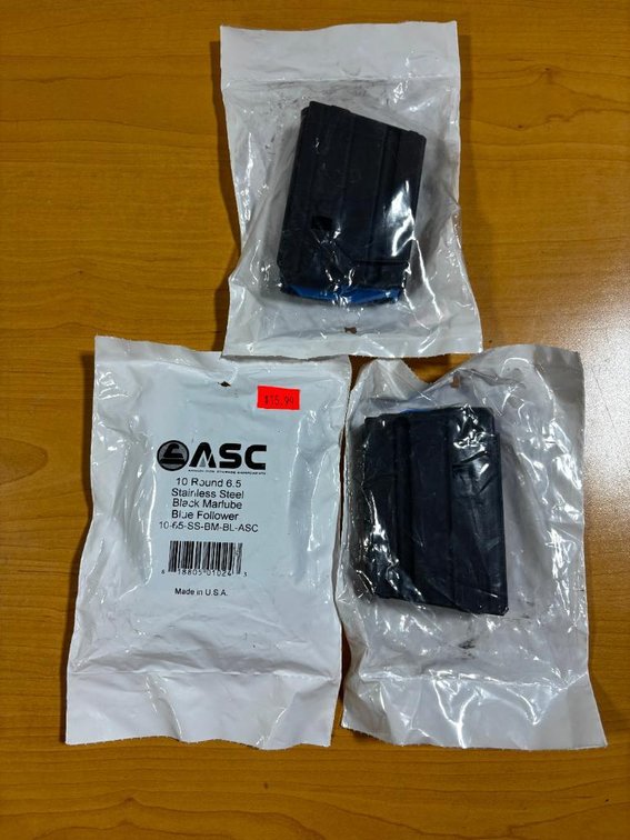Lot of 3, New, ASC 10 Round 6.5 Stainless Steel Black Marlube Blue Follower Magazines, USA