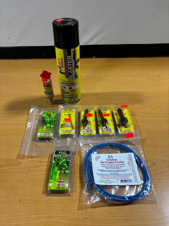 Group of 9, New, Tactical Accessories & Supplies; Blaster Firearms Cleaner, Shotgun Bore Mop, Bore Lights, Patch Holder