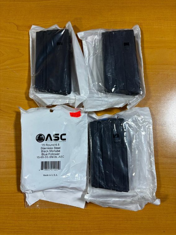 Lot of 4 New, ASC, 15 Round 6.5 Stainless Steel Black Marlube Blue Follower Magazines