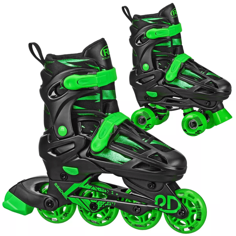Size Small (12-2) Roller Derby Green Wire Kids' Adjustable Inline-Quad Combo Skates - Black/Green