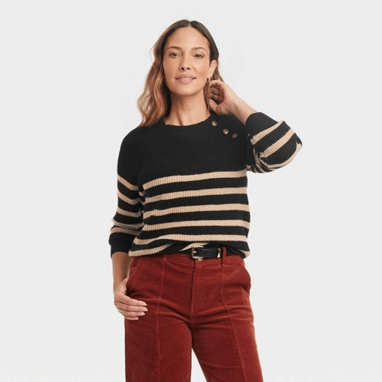 Women's Size XL Crewneck Ribbed Pullover Sweater - Knox Rose™ Black Striped 