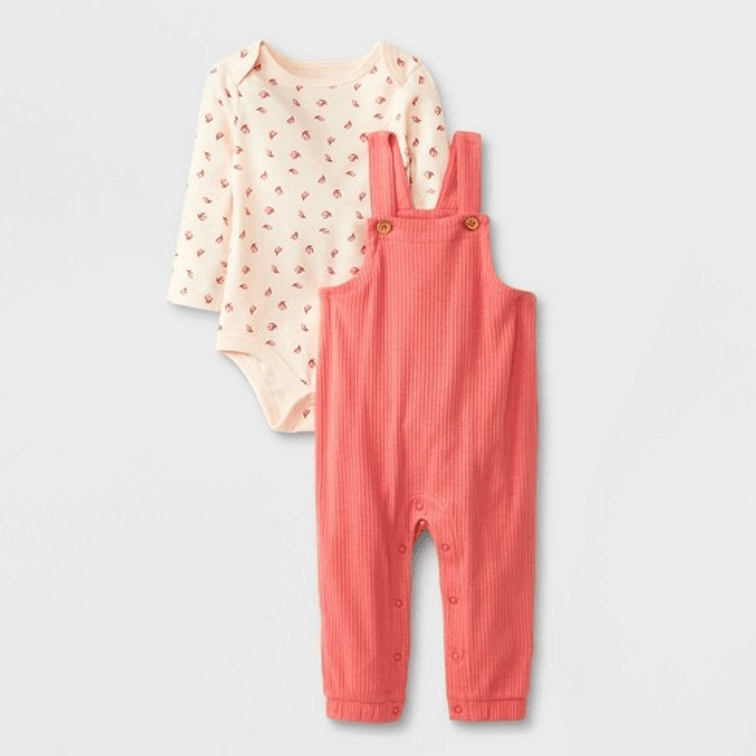 Set of 2 Baby Girls' Size Newborn 2pc Long Sleeve Bodysuit & Overalls Set - Cat & Jack™ Peach Orange 