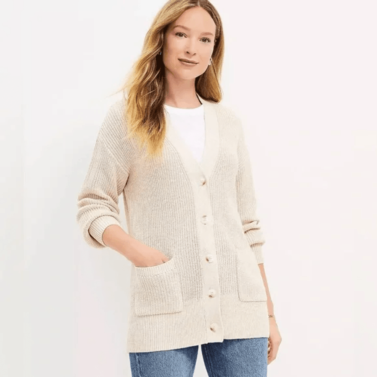 Womens Size XL LOFT RIBBED POCKET V-NECK RELAXED FIT COZY PALE PEARL CARDIGAN