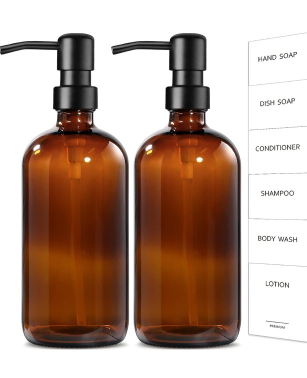 Set of 2 Amber Glass Soap DIspensers 