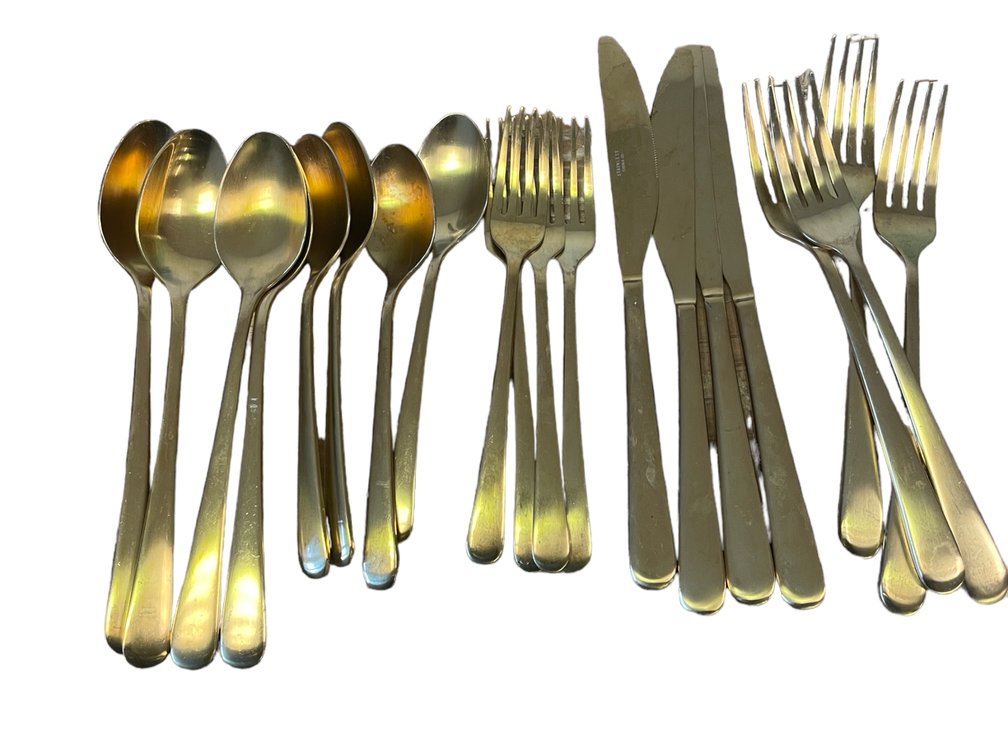 Lightly Used Set of 20 Golden Metal Knives,Spoons and Forks 