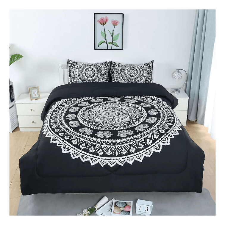 Queen PiccoCasa Bohemian Black Comforter Sets 3D Printed Themed Reversible Design 3 Pcs