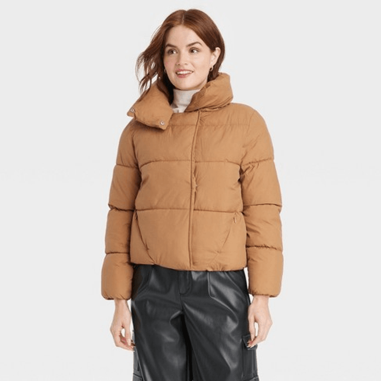 Women's Size Large Short Relaxed Puffer Jacket - A New Day™ Brown 