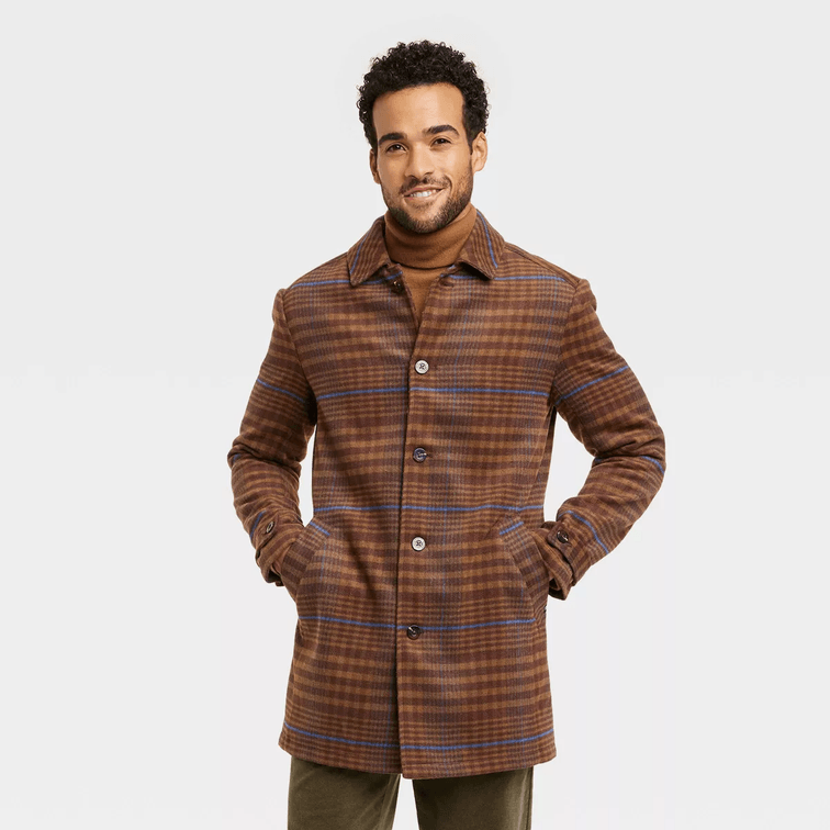 Houston White Adult Size Medium Plaid Pea Coat Jacket - Brown