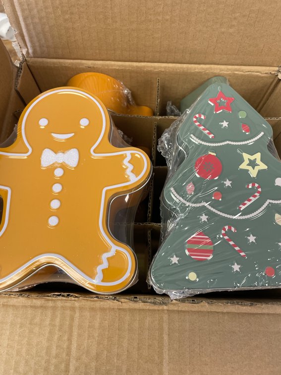 Box of 16 Christmas Tins Tree and Gingerbread Man 