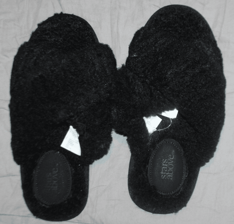 Stars Above Faux Fur Black Fuzzy Slippers S 5-6 Slides/Slip On House Shoes