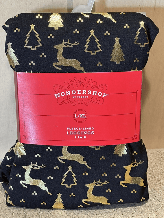 Set of 2 Wondershop Black Leggings with Gold Deer and Trees Allover Print L/XL