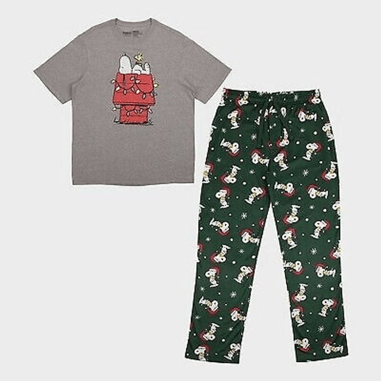 Men's Size Large Peanuts Snoopy Sleep Pajama Set 2pc - Green/Gray