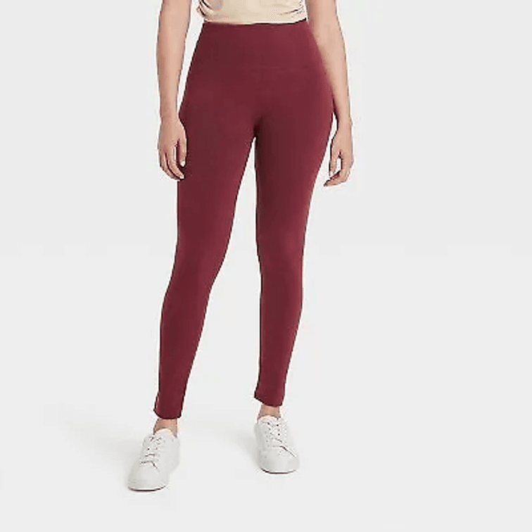Women's Size L/XL High Waisted Cotton Seamless Fleece Lined Leggings - A New Day Burgundy