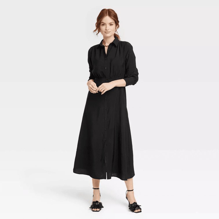 Women's Size XS Long Sleeve Collared Midi Crepe Shirtdress - A New Day™