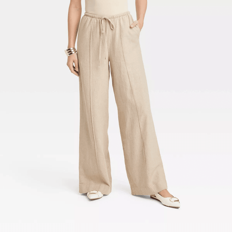 Women's Size Small High-Rise Wide Leg Linen Pull-On Pants - A New Day™