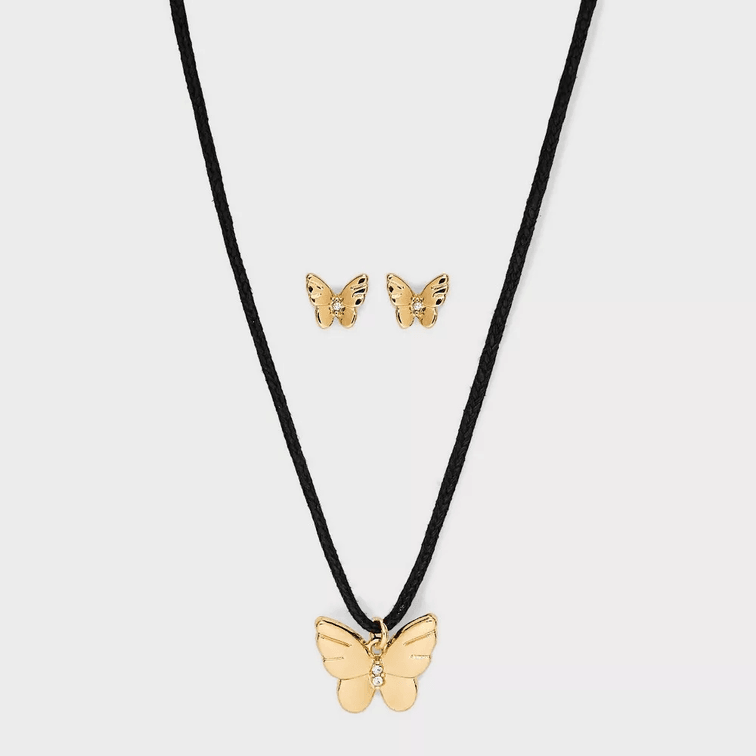 Butterfly Cord and Ear Pendant Necklace Set 2pc - Wild Fable, Gold