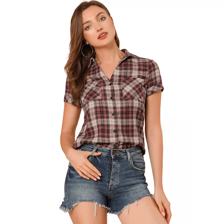 Allegra K Women's Size Large Classic Short Sleeve Button Down Plaid Shirt