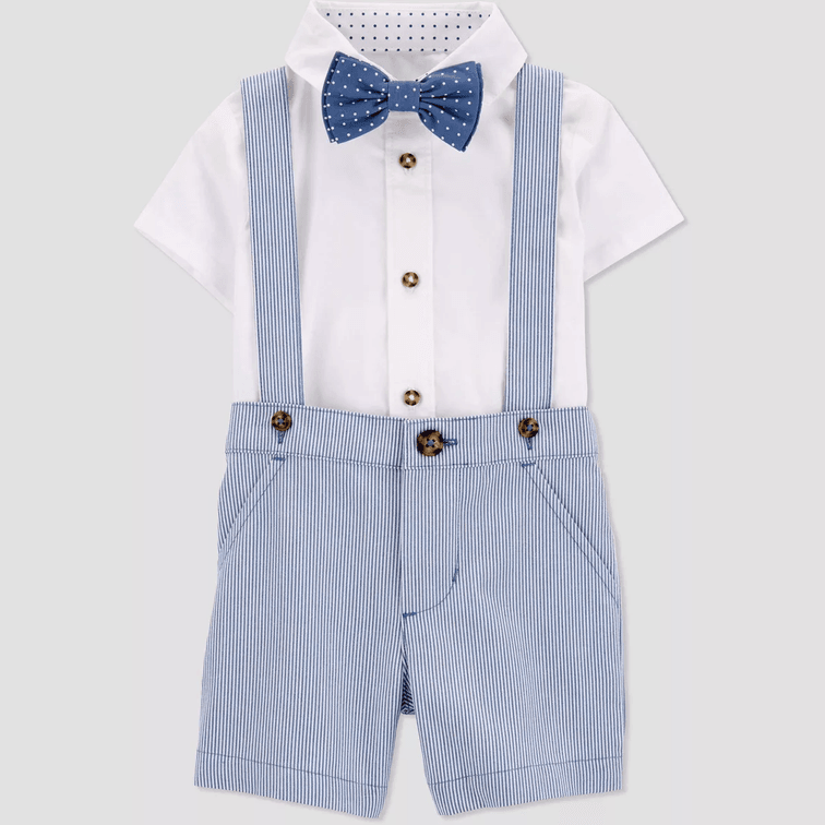 Carter's Just One You® Baby Boys' Size 9M Striped Suspender Top & Shorts Set with Bow Tie - Blue/White