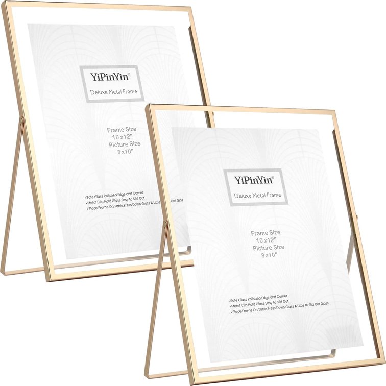 YiPinYin Gold 10x12' Floating Frame Set of 2,For Photo Sizes 5x7', 7x9', 810', 8.5x11', Metal Frames for Tabletop/Shelf Display,Classy Gift Choice for Wedding,Birthady,Home or Office Decor