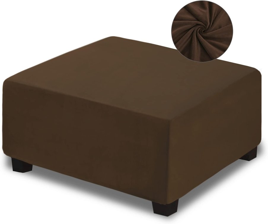 NeColorLife Square Ottoman Cover Velvet Ottoman Slipcover Thick Stretchable Footrest Stool Covers with Elastic Band for Oversized Ottoman (XX-Large Size,Brown)