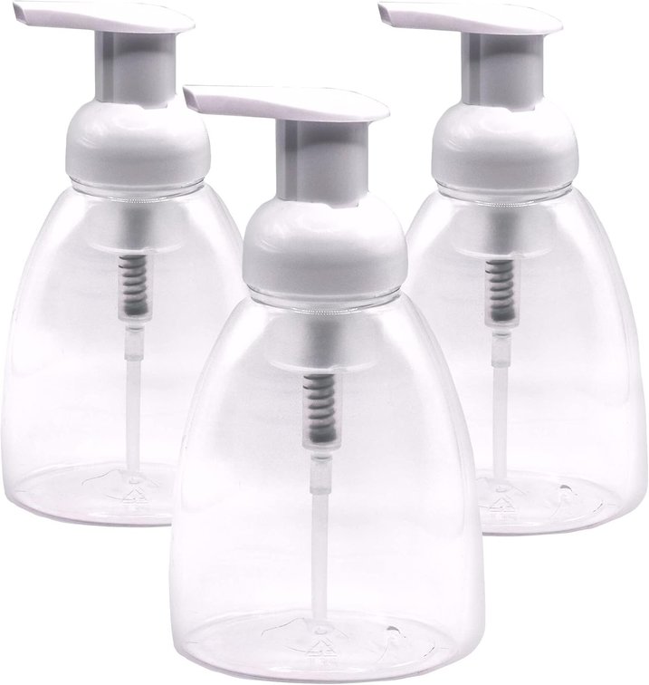 Clear Plastic Foaming Bathroom Countertop Soap Dispensers, Foaming Pump Bottles, Refillable Plastic Container for Liquid Soap, Compatible with Dr Bronner's Pure Castile Soap 250ml (8.5 oz) - (3 Pack)
