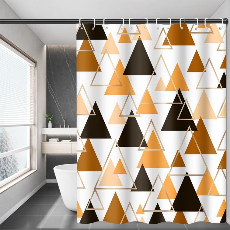 Brown Shower Curtain, Orange and Gold Triangle Abstract Geometric Art Pattern Shower Curtain Set for Bathroom Decor Waterproof Fabric Modern Bath Curtain with Hooks, 72x72 Inch