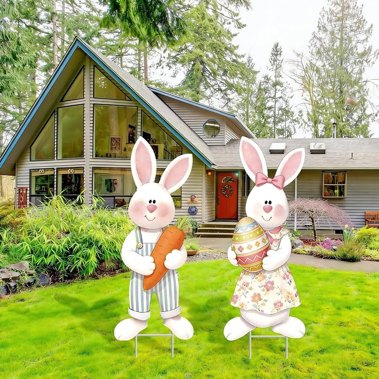 Spring Garden Decoration Easter Outdoor Yard Decorations 2pcs Large Vintage Bunny Yard Signs with Stakes for Lawn Garden Happy Easter Party Supplies Spring Prop Outdoor D cor