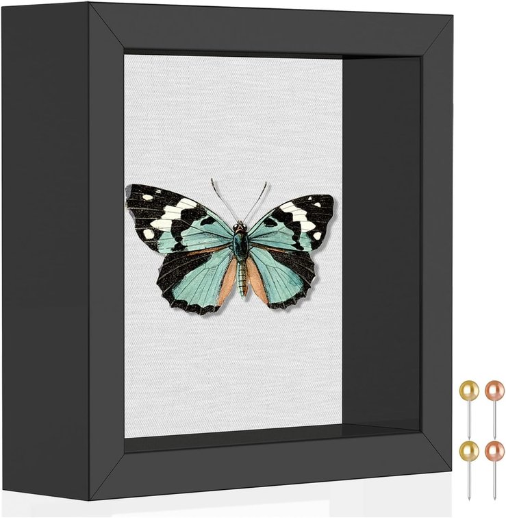 FRAME ONLY Califortree 5x5 Small Shadow Box Picture Frame with Soft Linen Back - Push Pins Included, Memory Shadow Box Display Case, Black