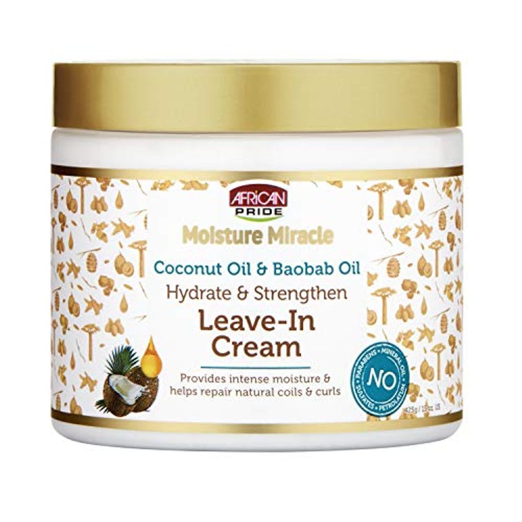 African Pride Moisture Miracle Coconut Oil & Baobab Oil Leave-In Cream - Provides Intense Moisture & Helps Repair Natural Coils & Curls, Hydrates & Strengthens Hair, 15 oz