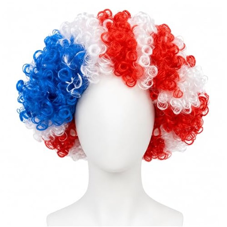 Red White and Blue Wig, American Flag Party Clown Wig for Soccer Games and Football Fans, America 4th of July Hair Patriotic Accessories for Man and Women