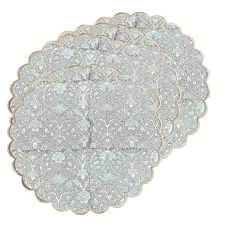 Ridhi Bo-ho Round Place Mat Easter Floral Cotton Washable Placemats 15" Round Embroidery Block Print Table Mat (Pack of 4-15 Inch Round, Taupe)
