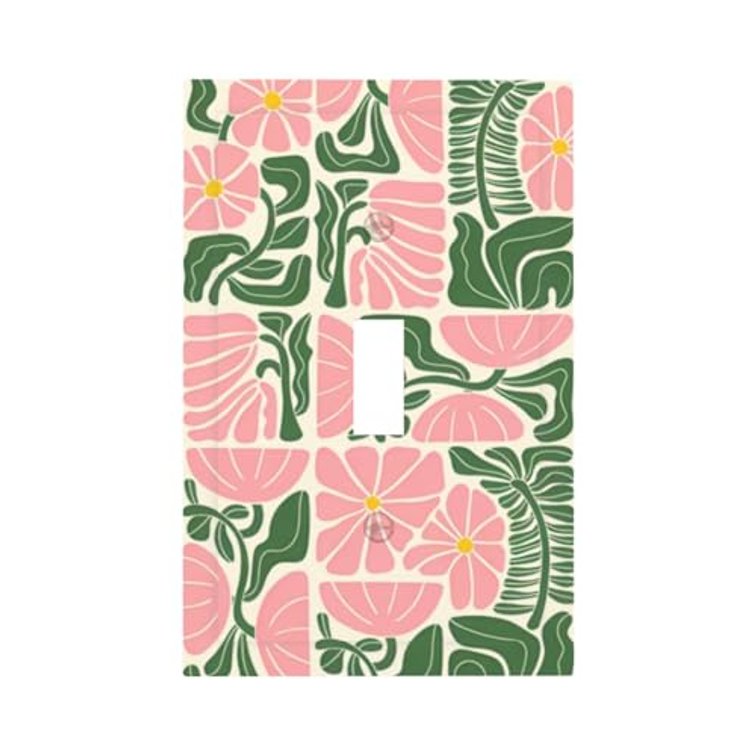 Cute Green Pink Floral Boho Light Switch Cover Plates 1 Gang Single Toggle Wall Plate Decorative Electrical Faceplate Switchplate Outlet Covers for Girly Room