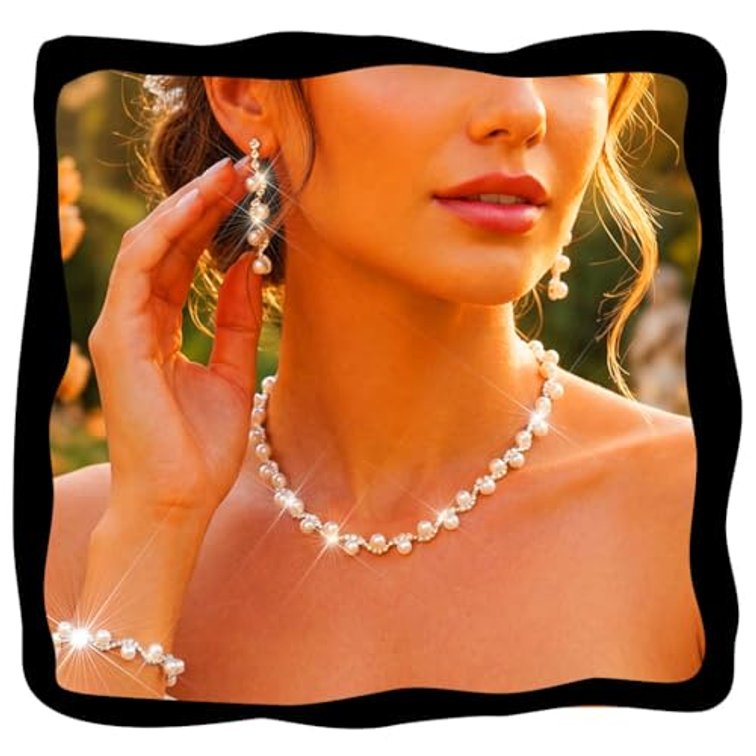 Aukmla Pearl Wedding Jewelry Sets Silver Rhinetsone Choker Necklace and Earring Bracelet Set Prom Jewelry for Brides and Women