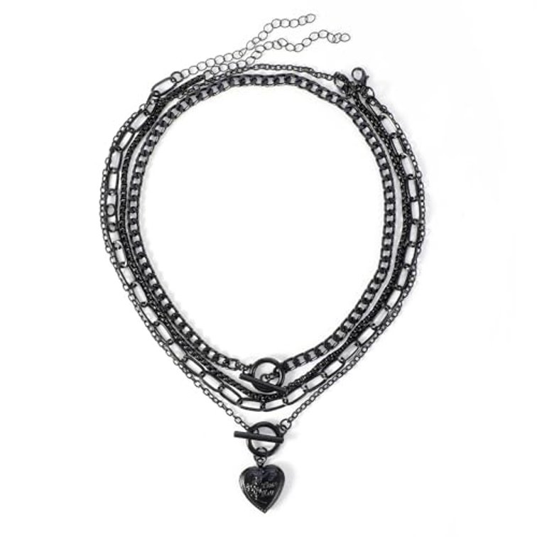 Sibba Black Layered Necklaces with Heart Pendant Emo Punk Goth Chunky Chain Necklace Set Adjustable Multi-layer Black Chain Necklace for Women Trendy Retro Coin Pendant Necklaces Gothic Jewelry Gift