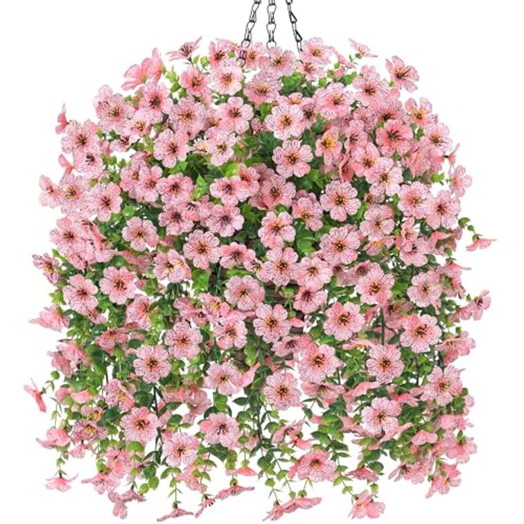 HyeFlora Artificial Hanging Flowers Basket for Outdoor, Fake Flowers Faux Plants Look Real for Yard Gardens Porch Patio Home (Pink)
