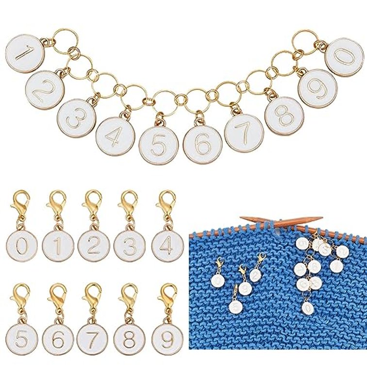 BENECREAT 11Pcs Alloy Enamel Number 0~9 Knitting Row Counter Chains and White Enamel Charm Locking Stitch Markers with Lobster Claw Clasps for Knitting Weaving Sewing Accessories