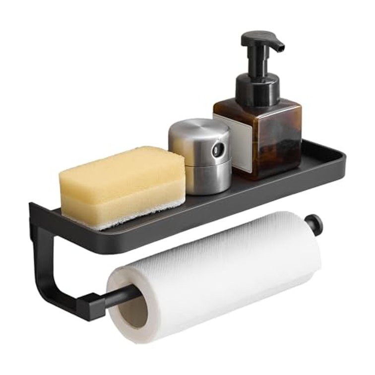Paper Towel Holder Wall Mount with Shelf, Bathroom/Kitchen Paper Towel Holder, Effortless One-Handed Tear, Rust-Proof Metal for Bedroom