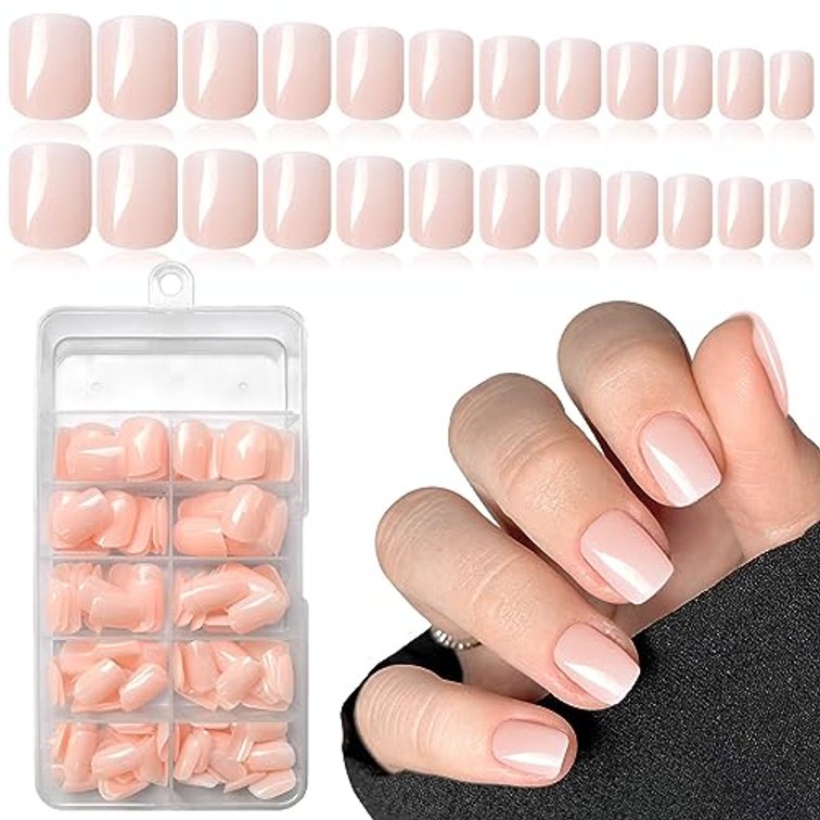 Short Press on Nails 240pc Glossy Point Nude Press on Nails Short Square Round Fake Nails Full Cover False Nails with Nail Glue Adhesive Tabs Wooden Stick Nail Files for Women Girls Kids