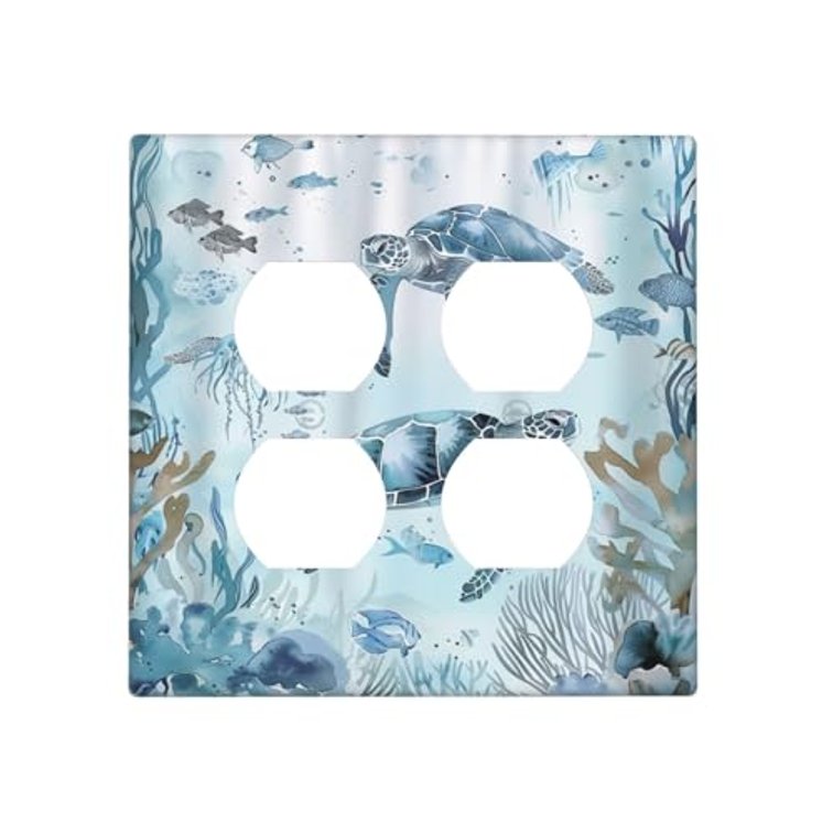 Outlet Covers Blue Sea Animal Sea Turtle Seaweed Ocean Plant 2 Gang Duplex Decorative Light Switch Cover Double Wall Plates Switch Plates Electrical Socket Covers for Bathroom Bedroom Decor