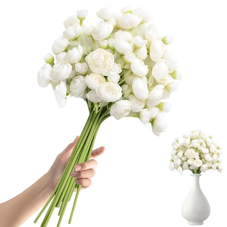 18 Pcs Ranunculus Artificial Fake Plants Flowers,White Faux Silk Mini Flowers for DIY Bouquets Bulk Faux Wedding Filler Home Centerpieces Arrangements Bridal Christmas Decorations